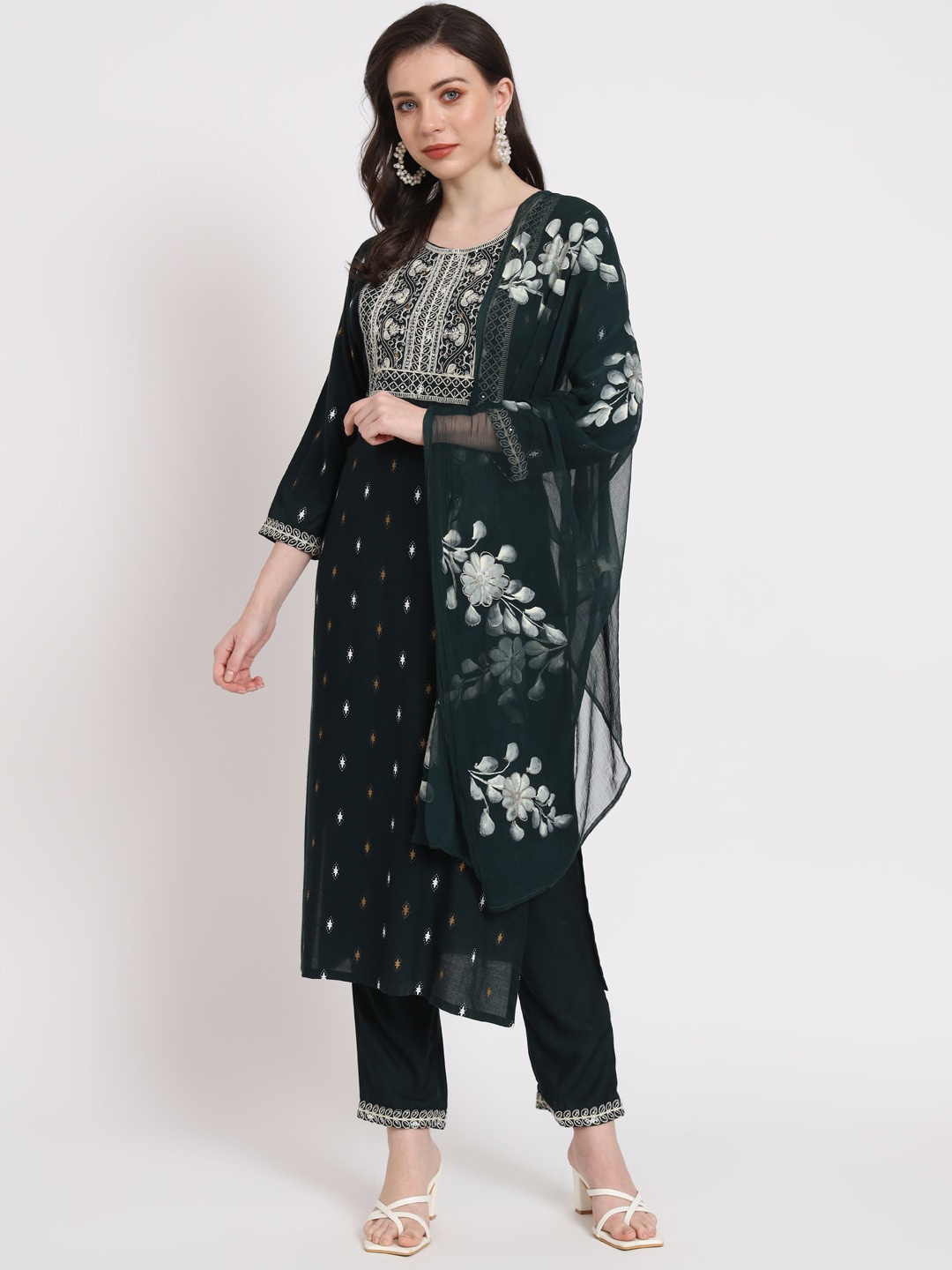 

KALINI Floral Printed Kurta With Trousers & Dupatta, Black