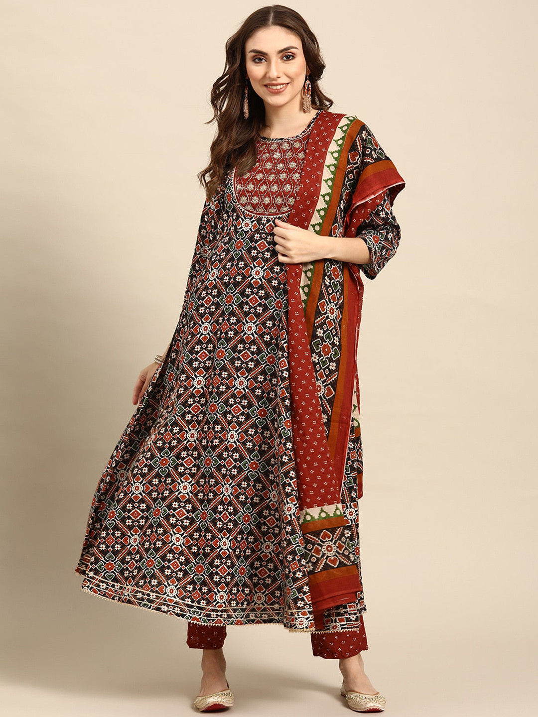 

KALINI Floral Printed Gotta Patti Flared Anarkali Kurta With Trousers & Dupatta, Red