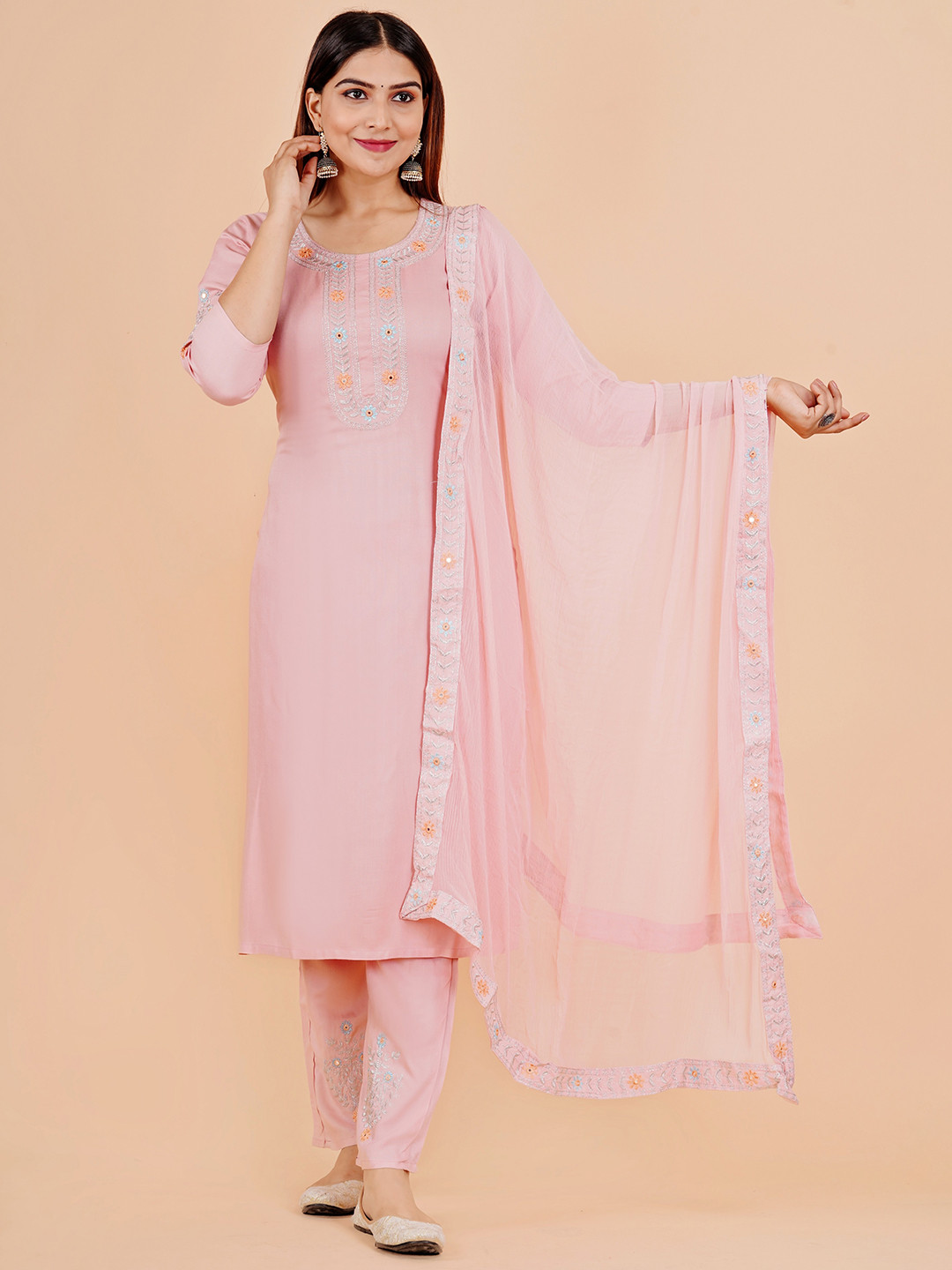 

KALINI Floral Embroidered Zari Kurta With Trousers & Dupatta, Peach