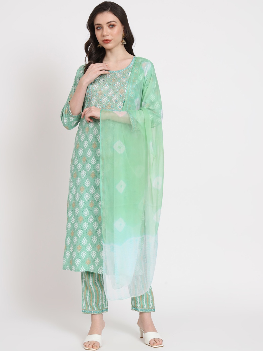 

KALINI Floral Printed Mirror Work Straight Kurta With Trousers & Dupatta, Green