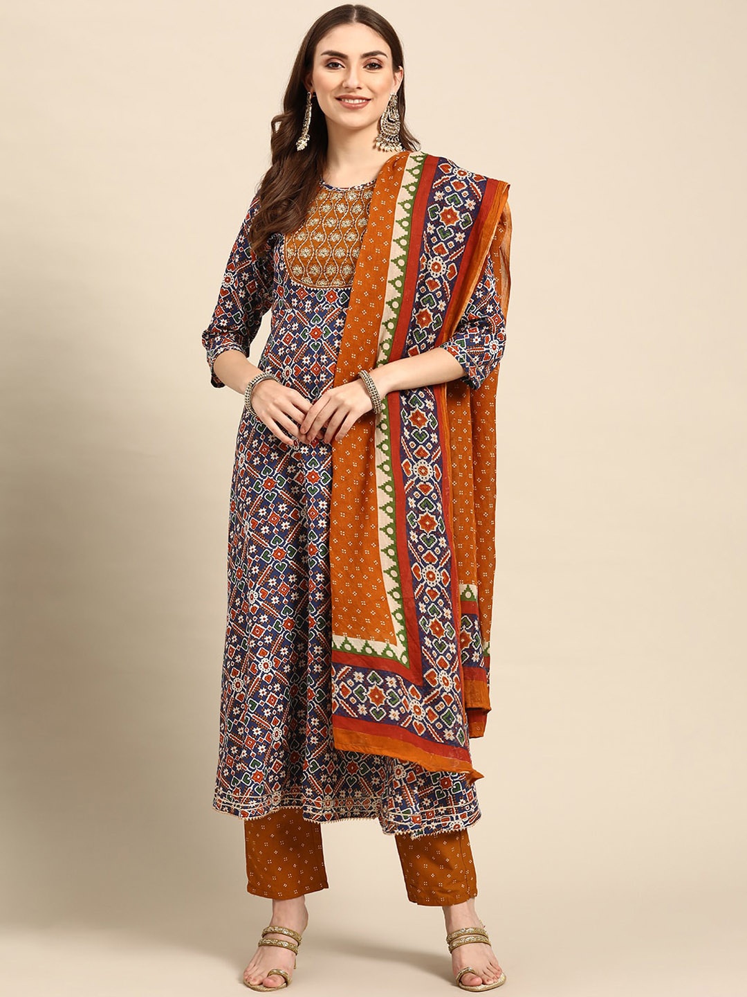 

KALINI Floral Printed Gotta Patti Kurta & Trousers With Dupatta, Brown