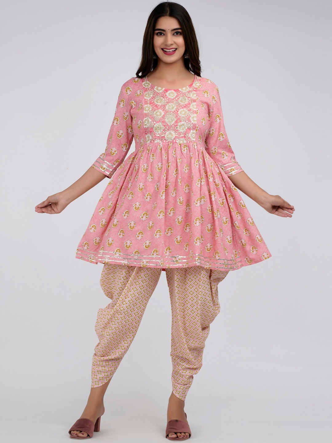 

KALINI Floral Printed Gotta Patti Kurti with Dhoti Pants, Pink