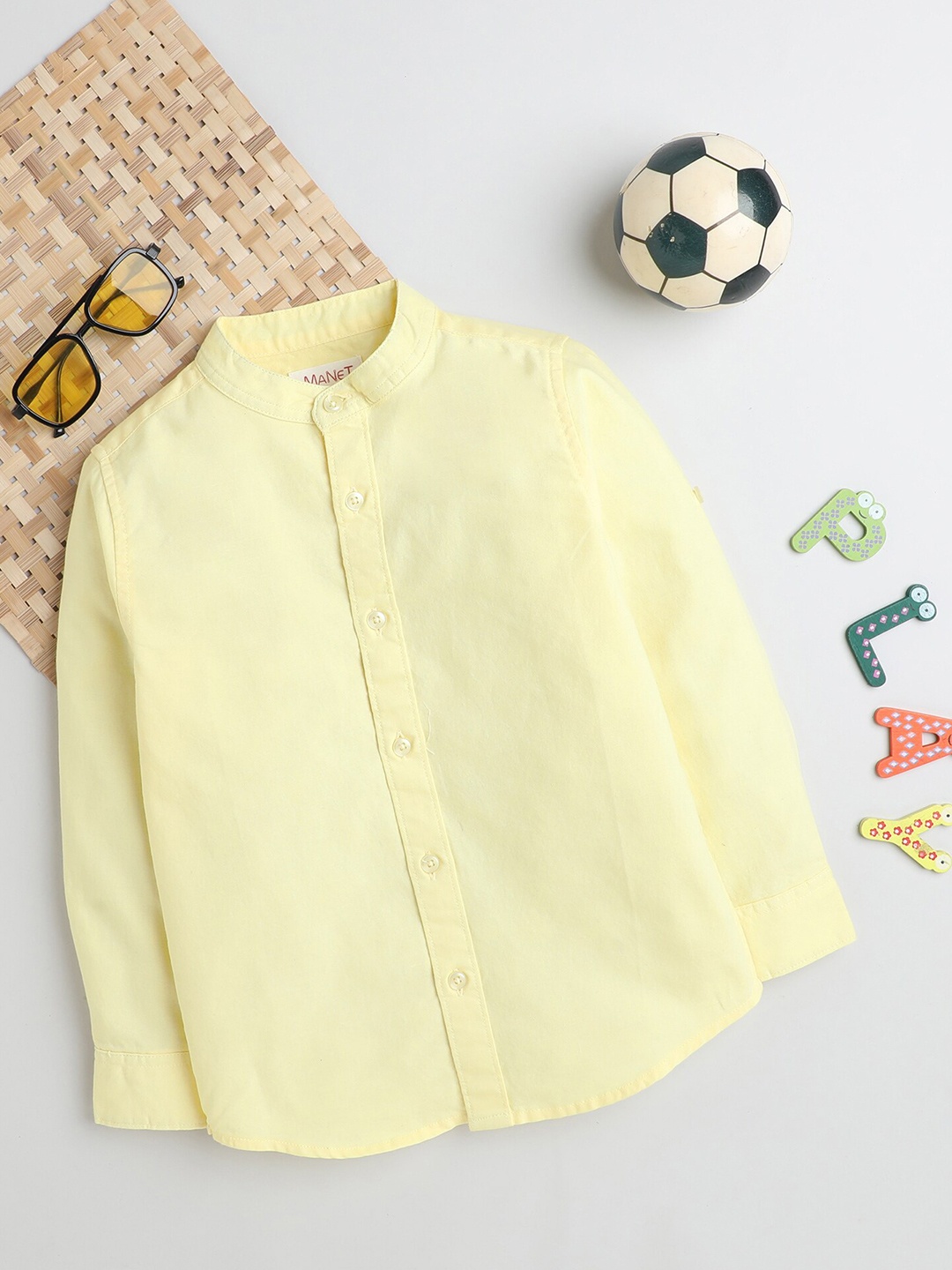

MANET Boys Mandarin Collar Cotton Shirt, Yellow