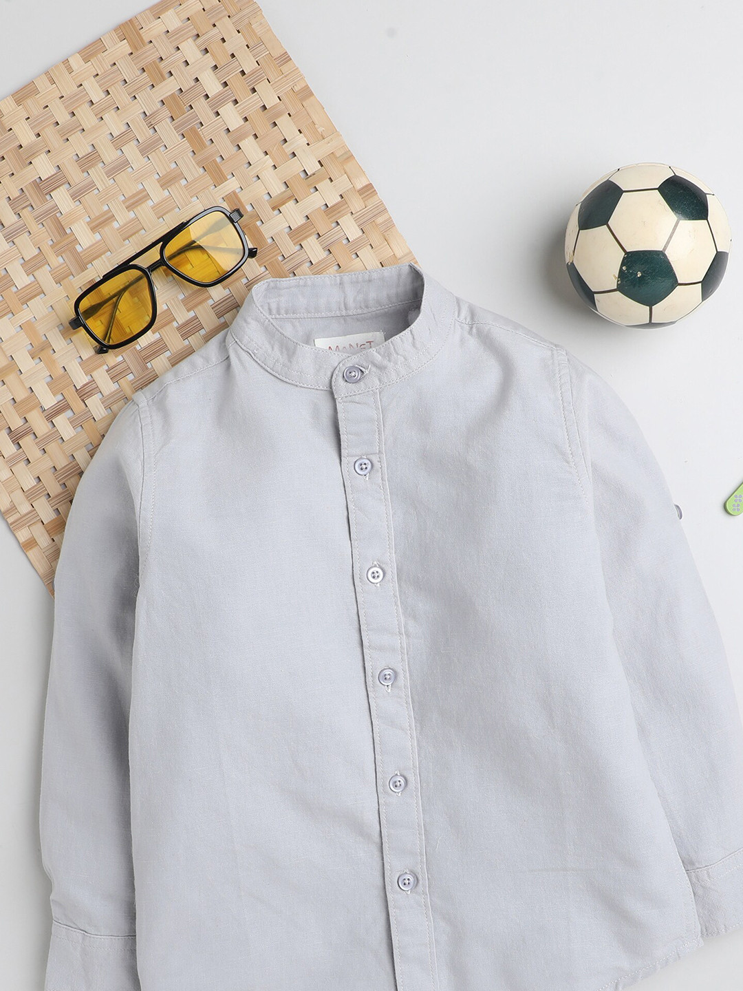 

MANET Boys Band Collar Oxford Cotton Casual Shirt, Grey
