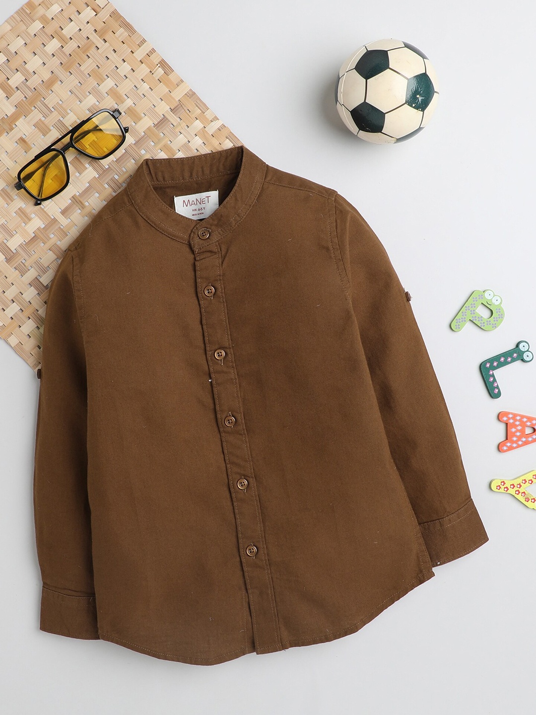 

MANET Boys Mandarin Collar Cotton Shirt, Brown
