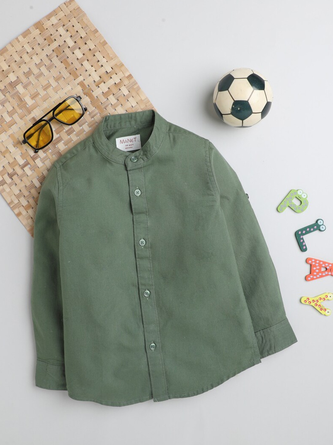

MANET Boys Mandarin Collar Cotton Casual Shirt, Green