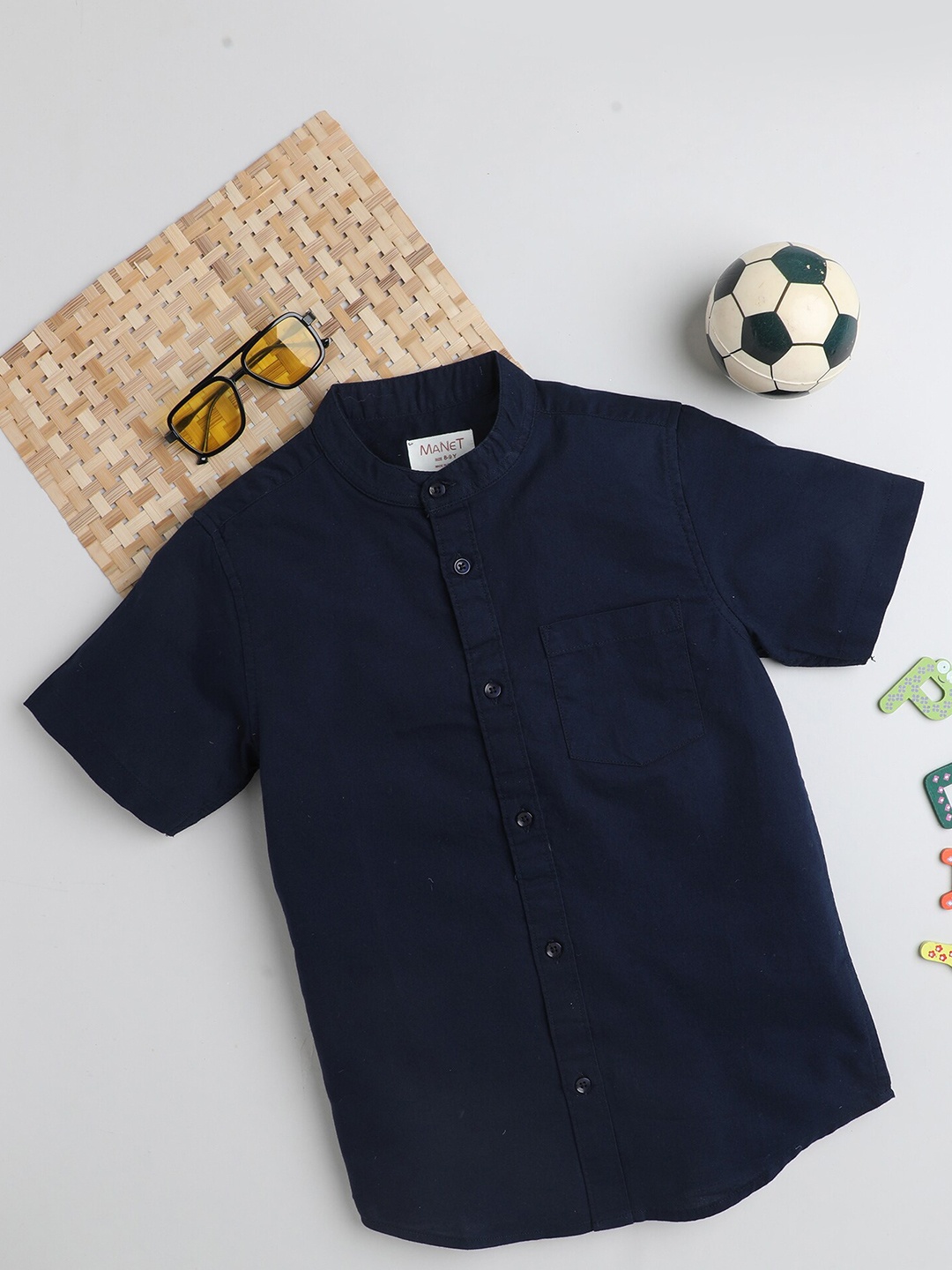 

MANET Boys Mandarin Collar Cotton Shirt, Navy blue