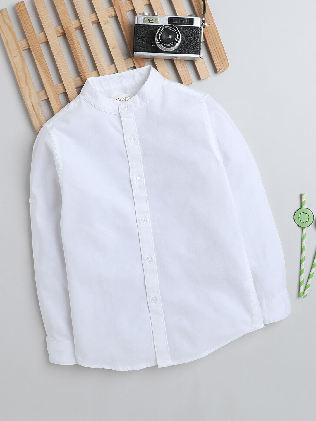 

MANET Boys Band Collar Opaque Cotton Casual Shirt, White