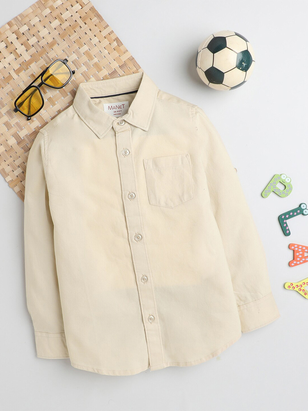 

MANET Boys Cream-Coloured Roll-Up Sleeve Opaque Casual Shirt