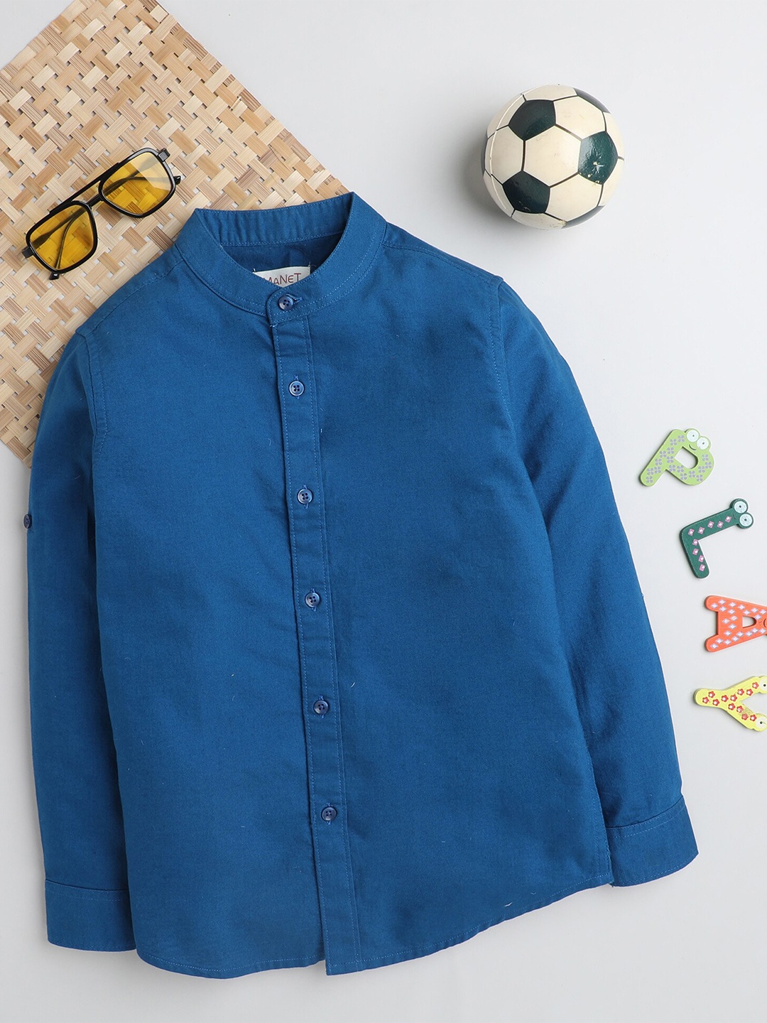 

MANET Boys Band Collar Opaque Cotton Casual Shirt, Blue
