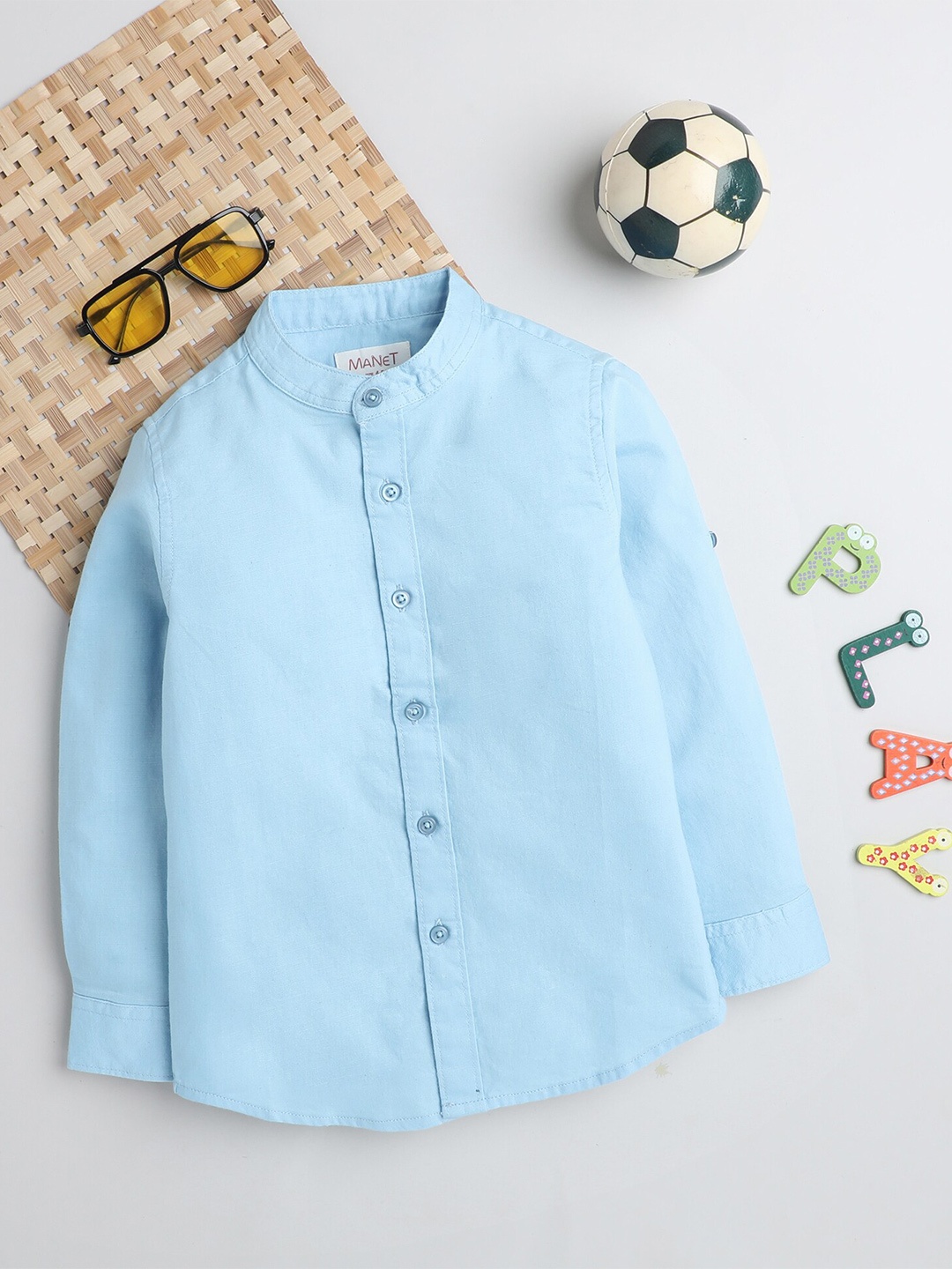 

MANET Boys Band Collar Opaque Cotton Casual Shirt, Blue