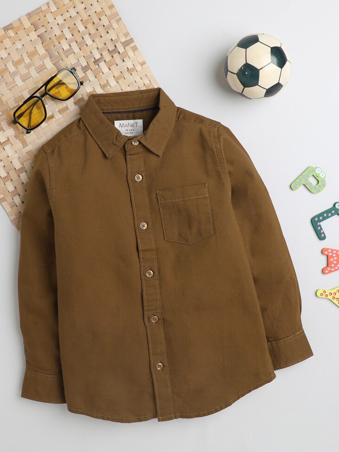 

MANET Boys Spread Collar Opaque Pocket Cotton Casual Shirt, Brown
