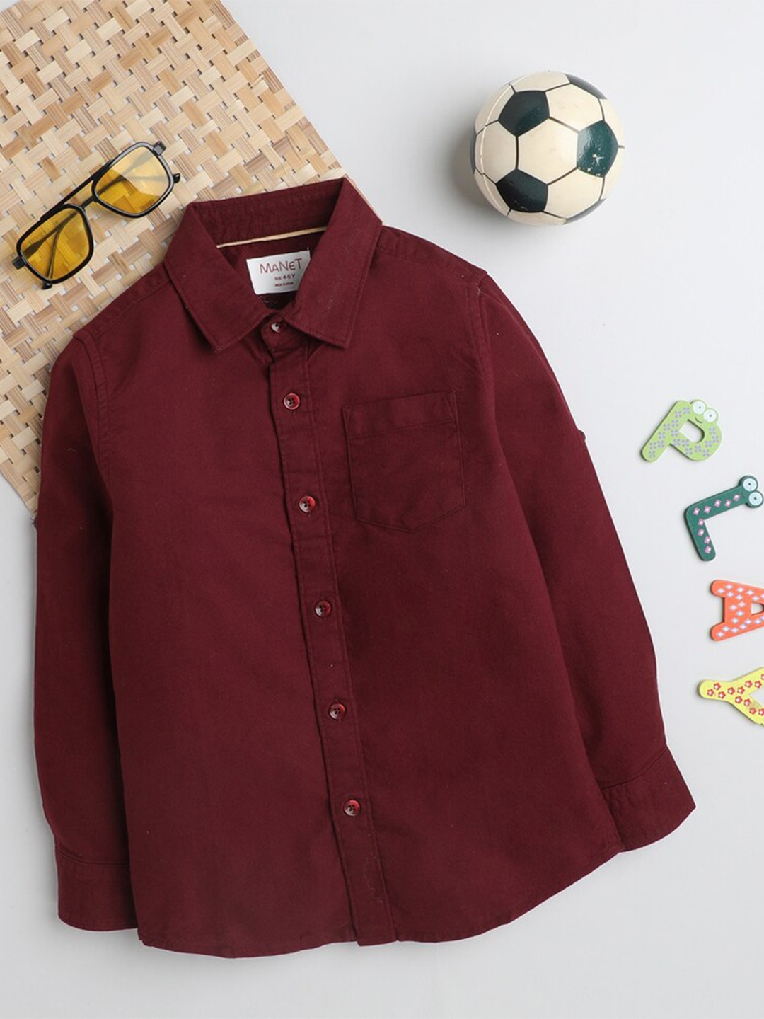 

MANET Boys Spread Collar Opaque Pocket Cotton Casual Shirt, Maroon