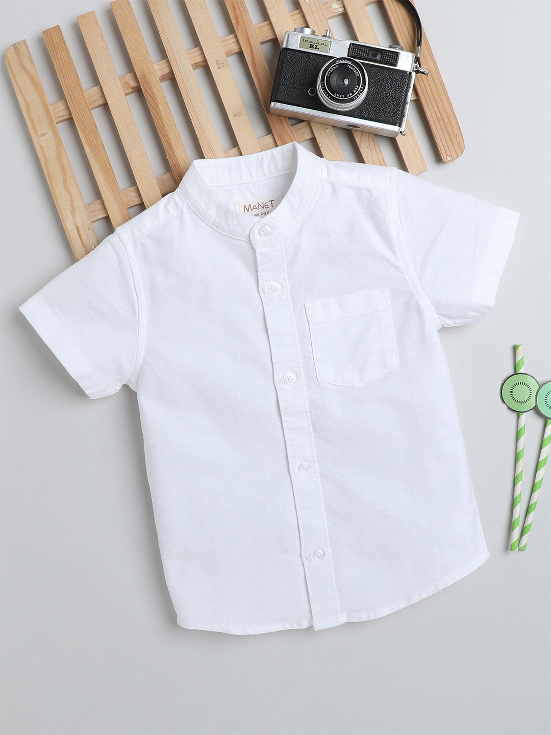 

MANET Boys Band Collar Opaque Pocket Cotton Casual Shirt, White