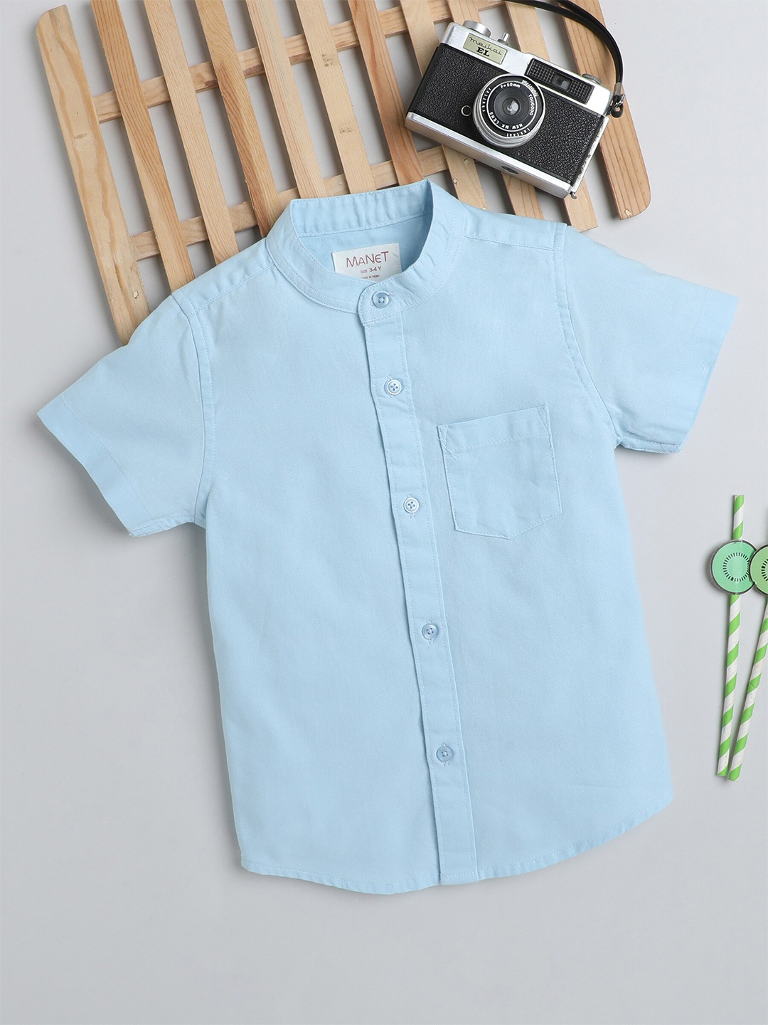 

MANETBoys Band Collar Opaque Pocket Cotton Casual Shirt, Blue