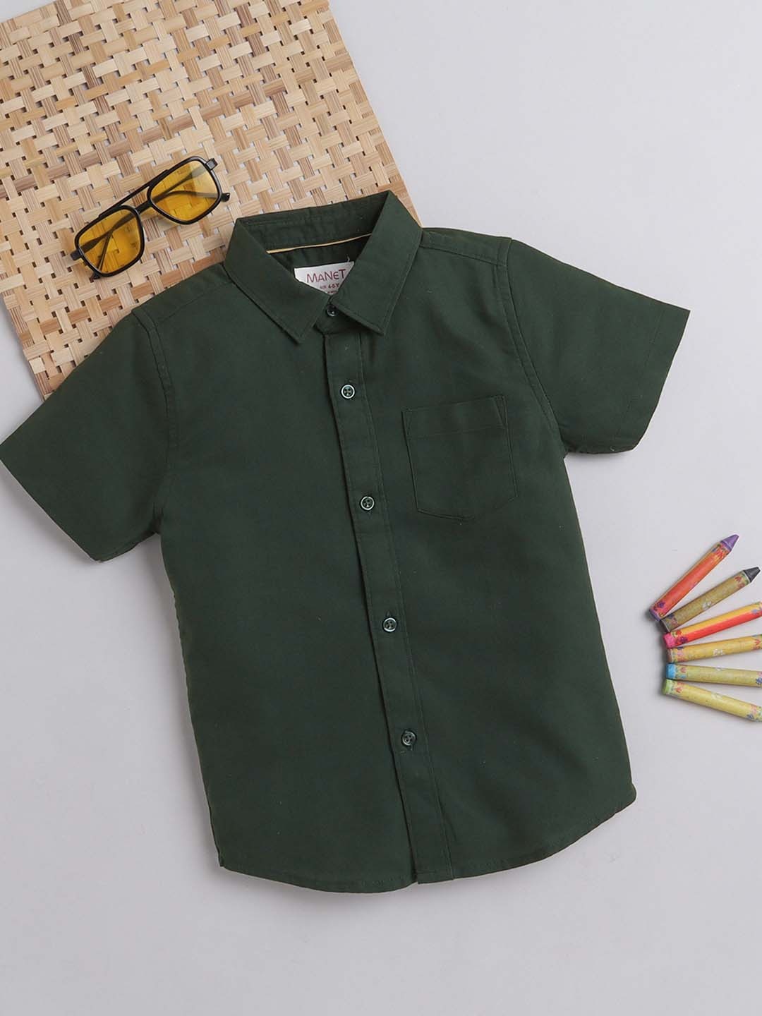 

MANET Boys Spread Collar Opaque Pocket Cotton Casual Shirt, Green