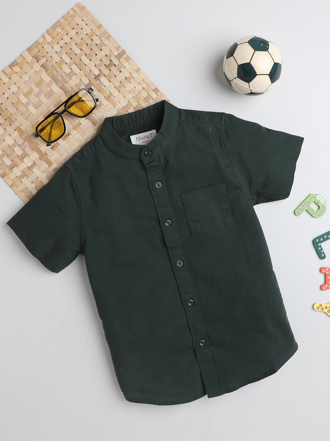 

MANET Boys Band Collar Opaque Casual Shirt, Green