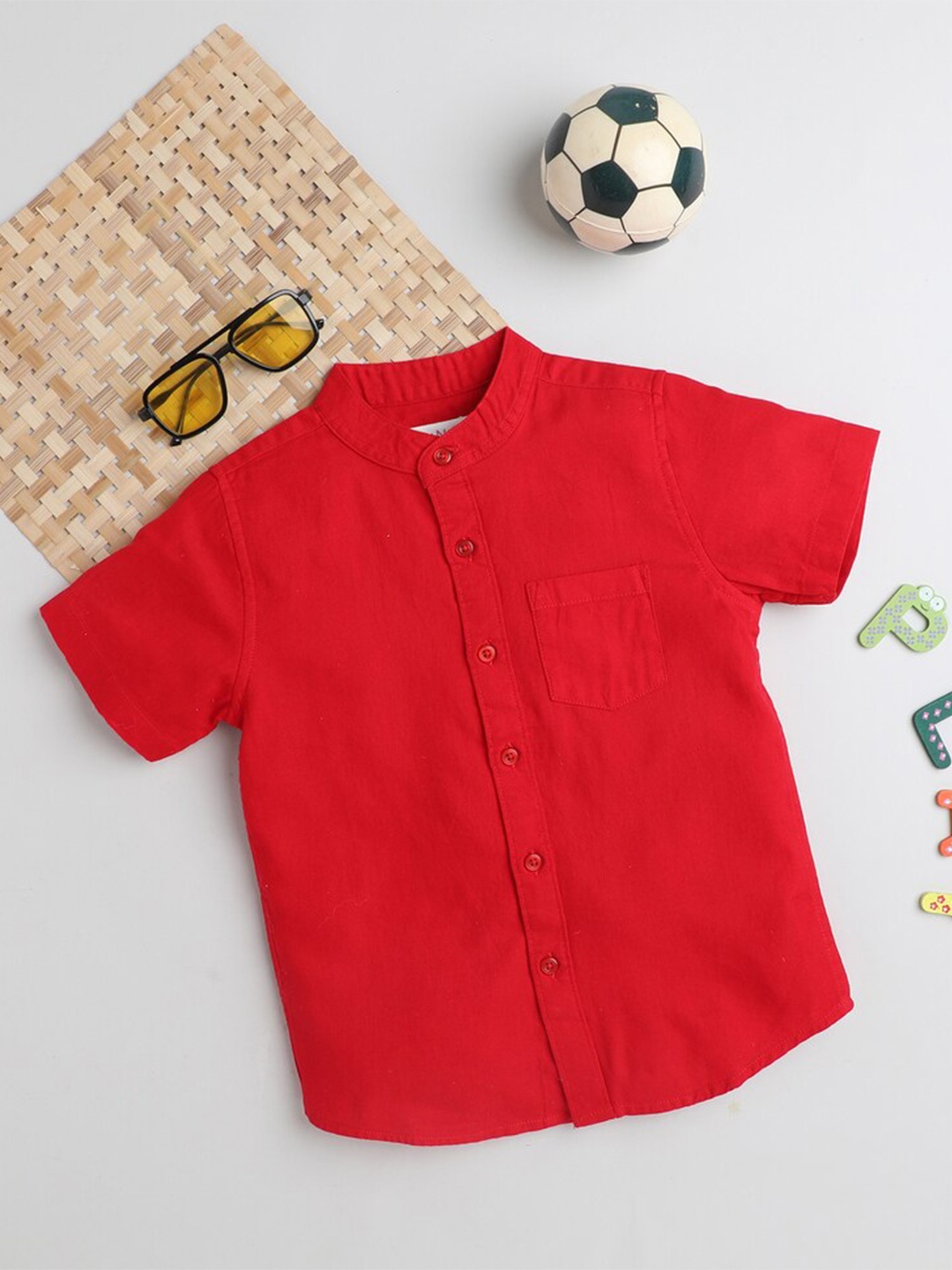 

MANET Boys Band Collar Opaque Pocket Cotton Casual Shirt, Red