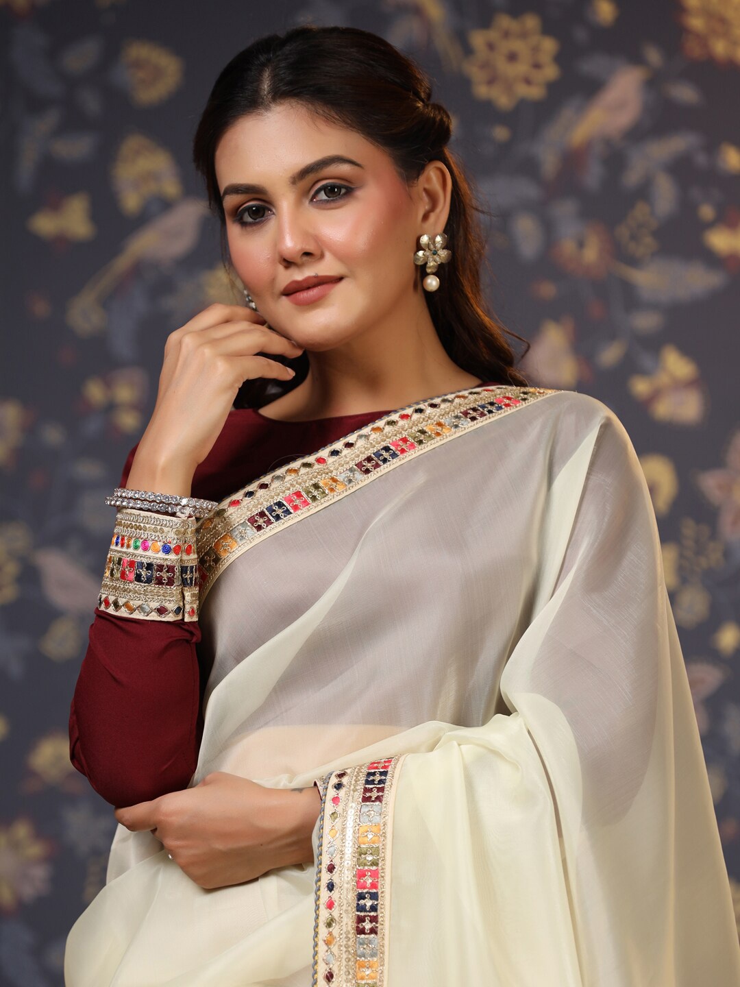 

House of Pataudi Sequinned Embellished Saree, Cream