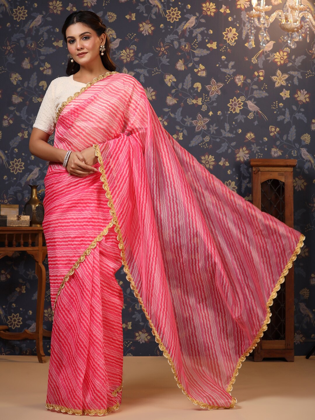 

House of Pataudi Striped Embellished Border Saree, Pink