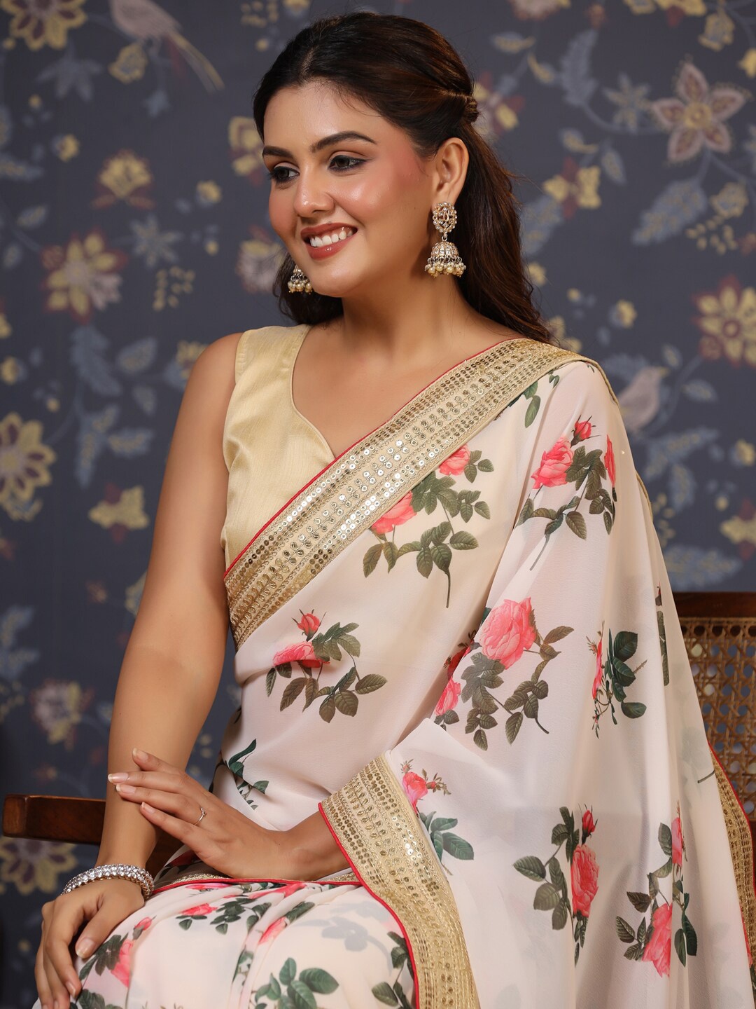 

House of Pataudi Floral Printed Sequined Pure Georgette Saree, Off white