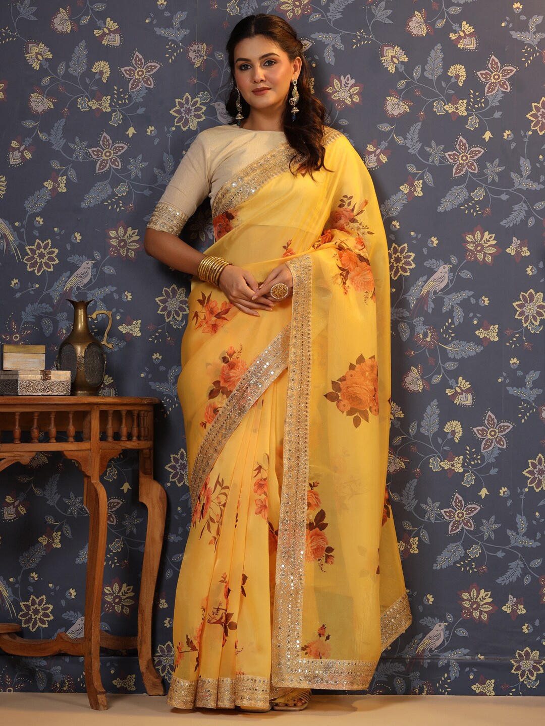 

House of Pataudi Floral Printed Sequinned Organza Saree, Yellow
