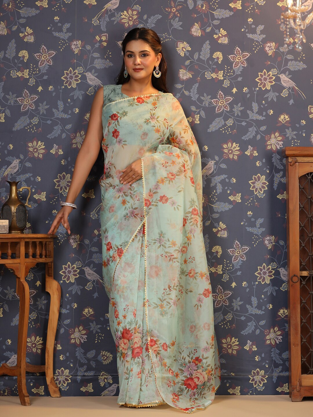 

House of Pataudi Floral Printed Gotta Patti Organza Saree, Sea green