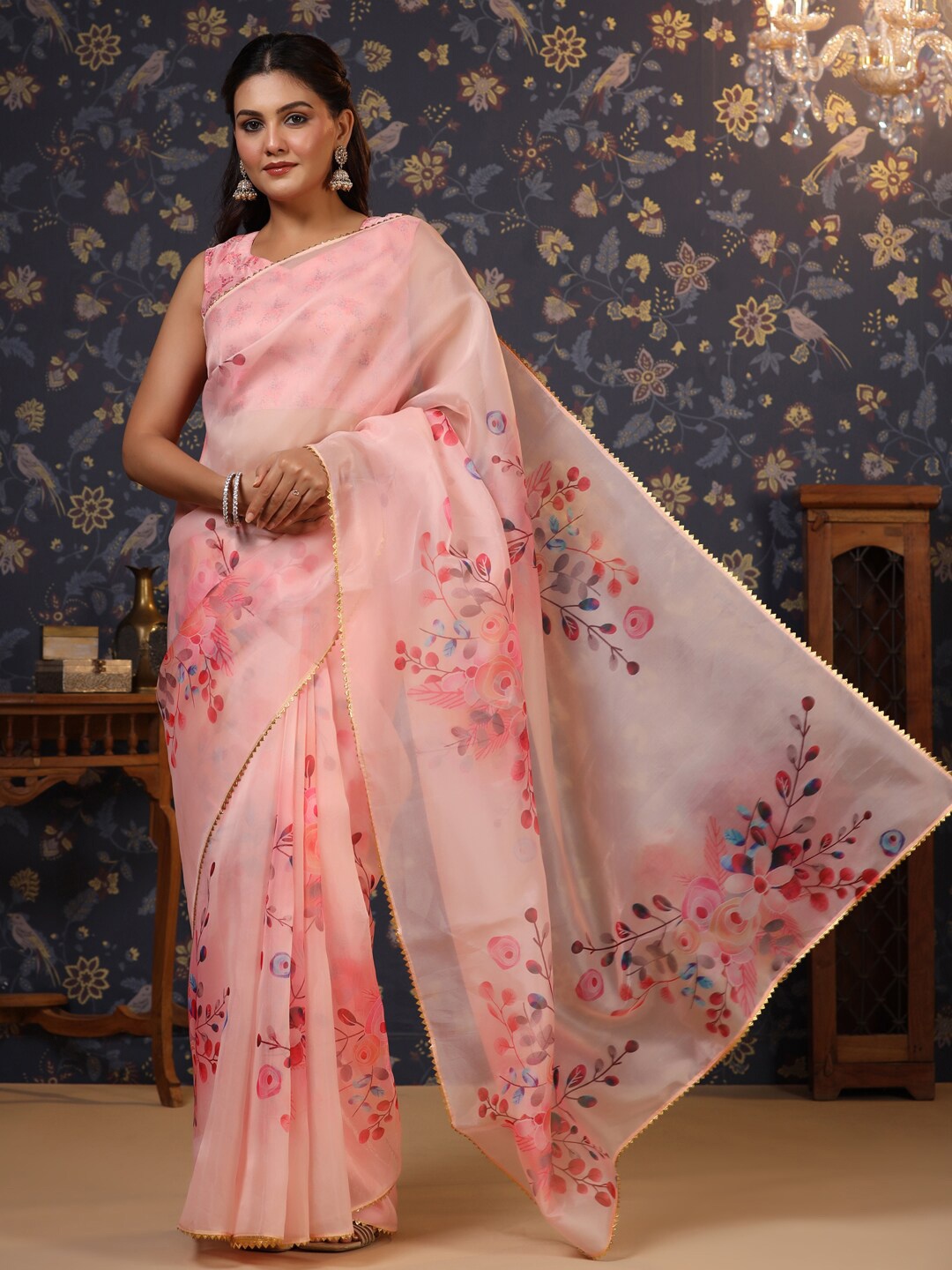 

House of Pataudi Floral Printed Gotta Patti Organza Saree, Pink