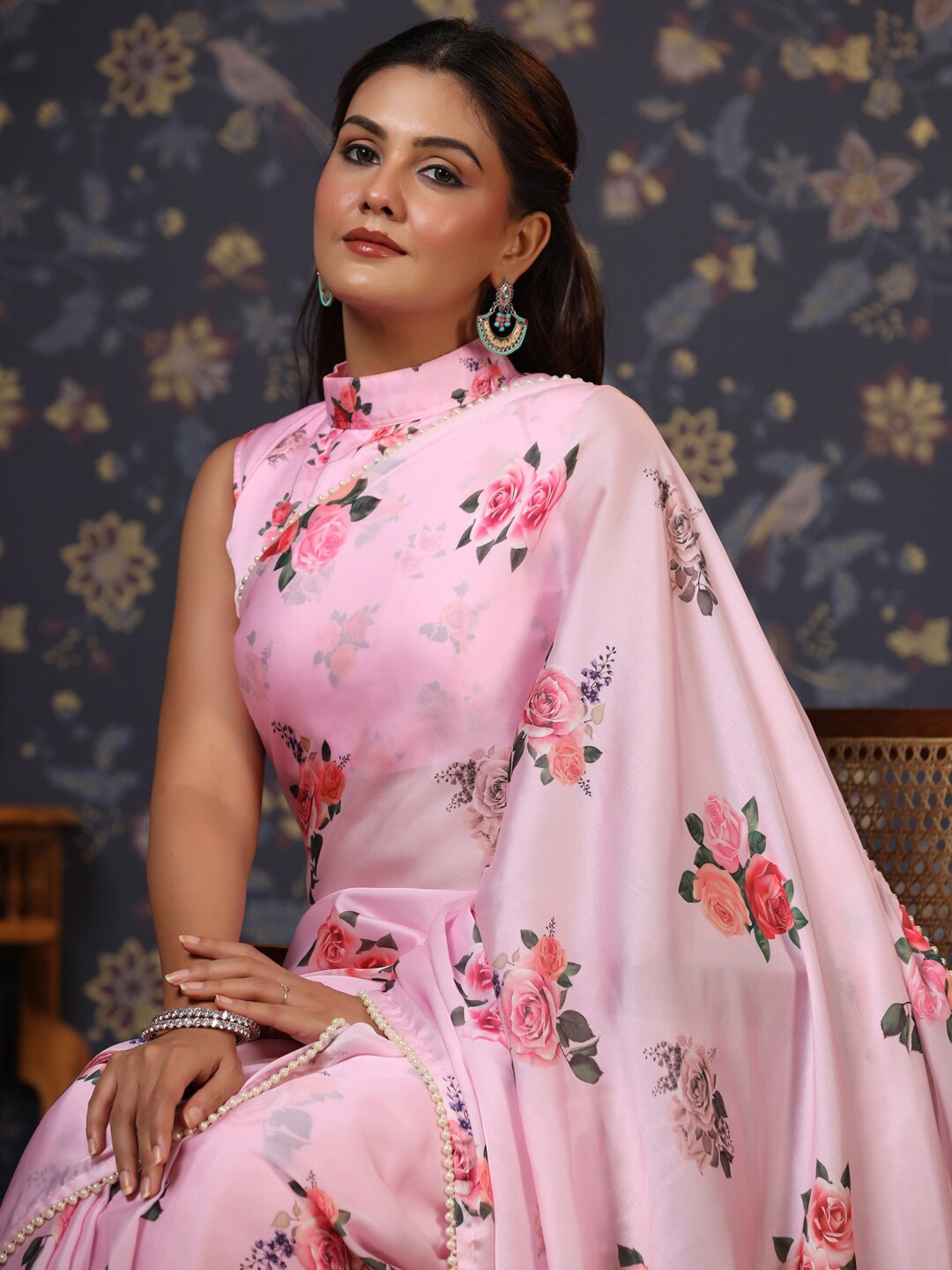 

House of Pataudi Floral Printed Embellished Satin Saree, Pink