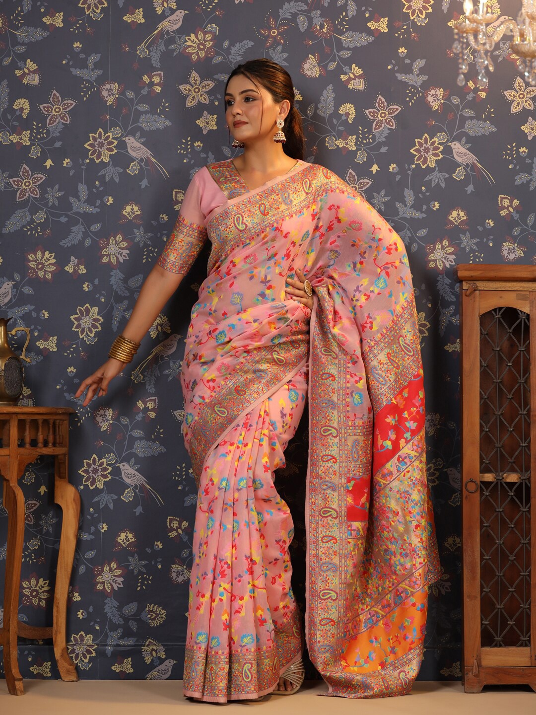 

House of Pataudi Floral Printed Zari Banarasi Saree, Rose