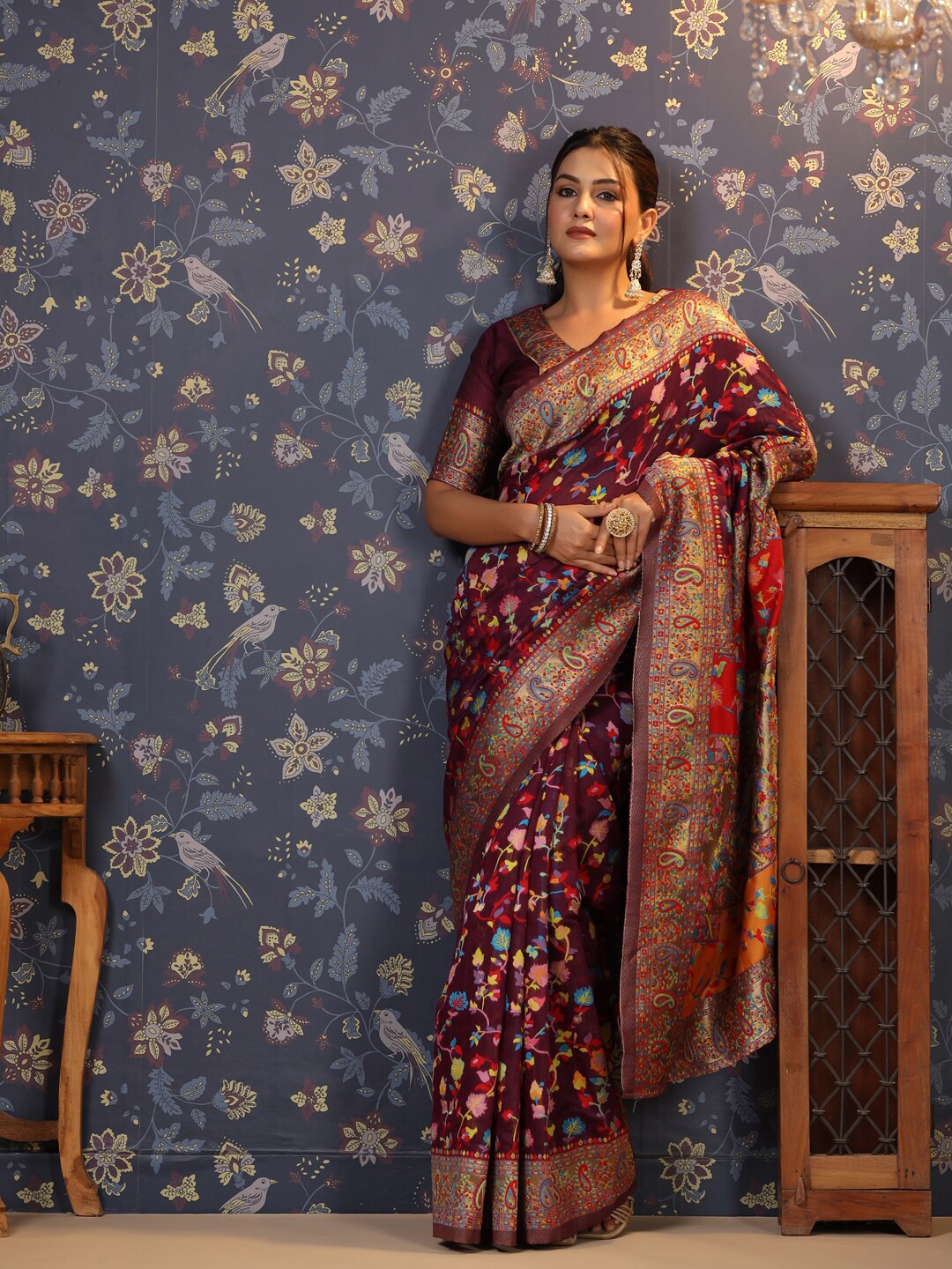 

House of Pataudi Floral Woven Design Zari Banarasi Saree, Burgundy