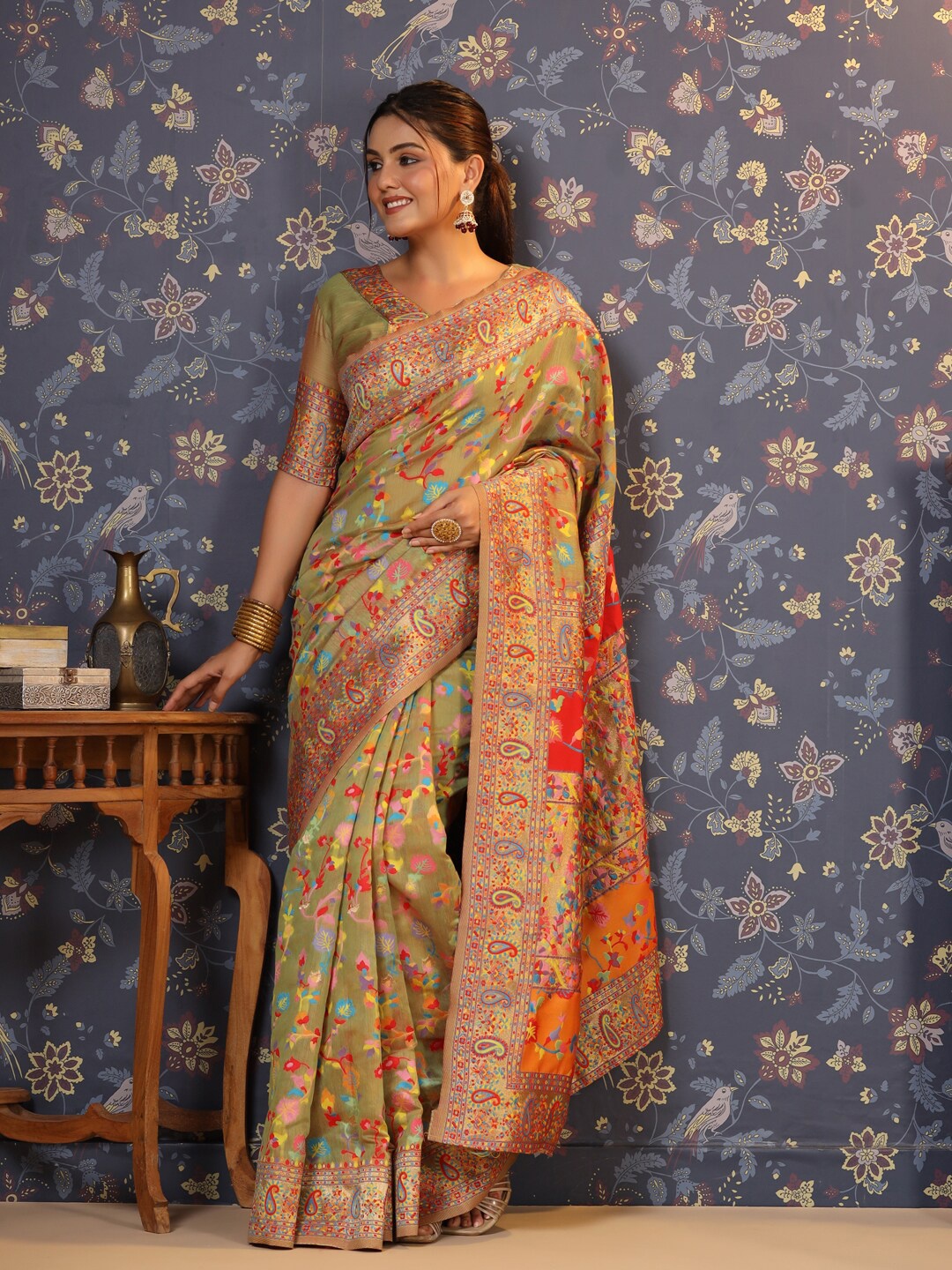 

House of Pataudi Floral Printed Banarasi Saree, Lime green