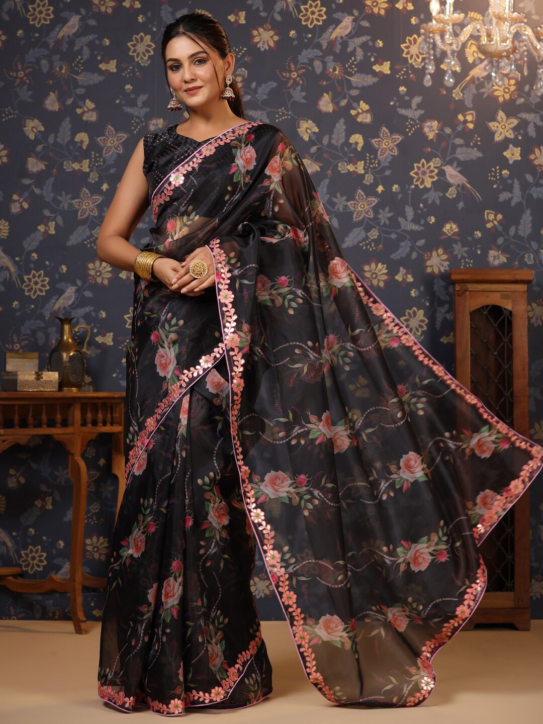 

House of Pataudi Floral Printed Gotta Patti Organza Saree, Black