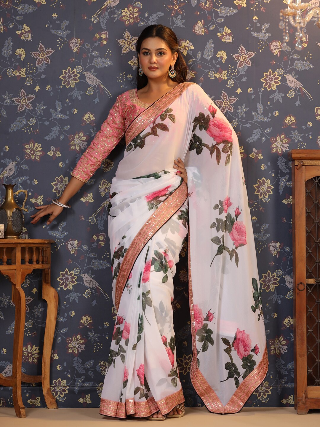 

House of Pataudi Floral Printed Sequinned Pure Georgette Saree, Off white