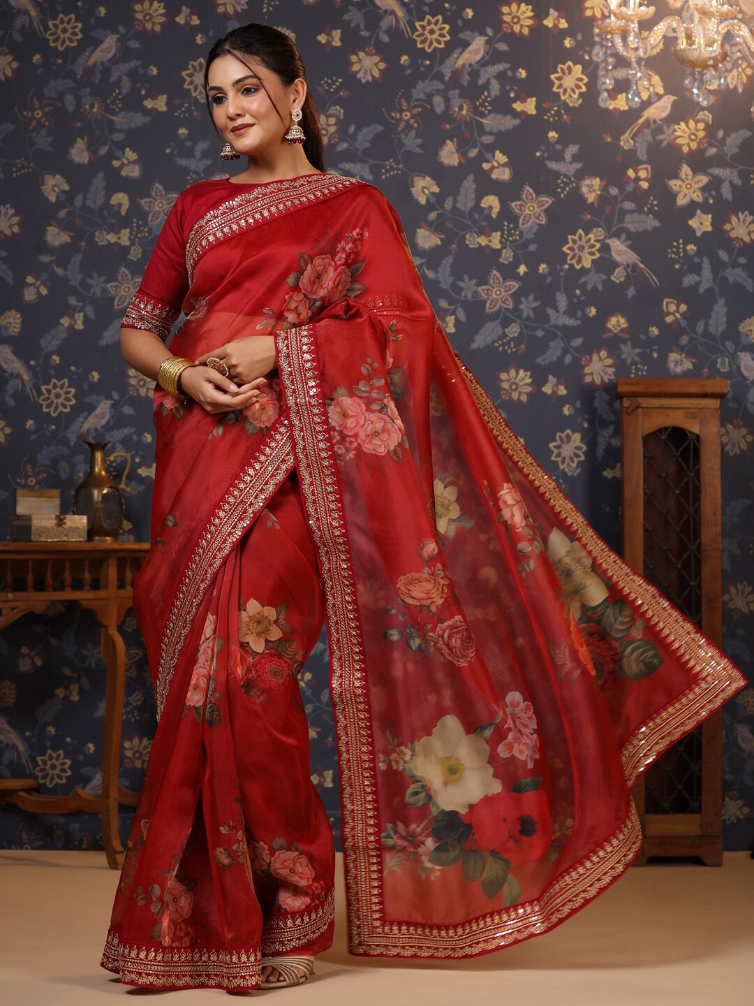 

House of Pataudi Floral Printed Sequinned Embellished Saree, Maroon