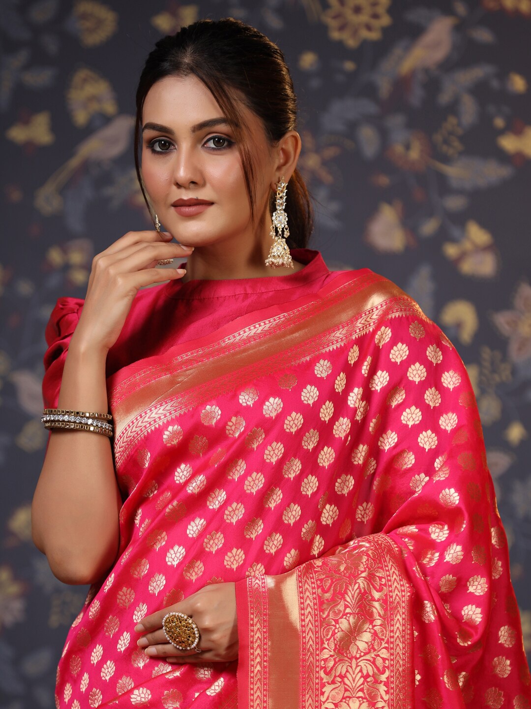 

House of Pataudi Ethnic Motif Woven Design Pure Silk Saree, Fuchsia