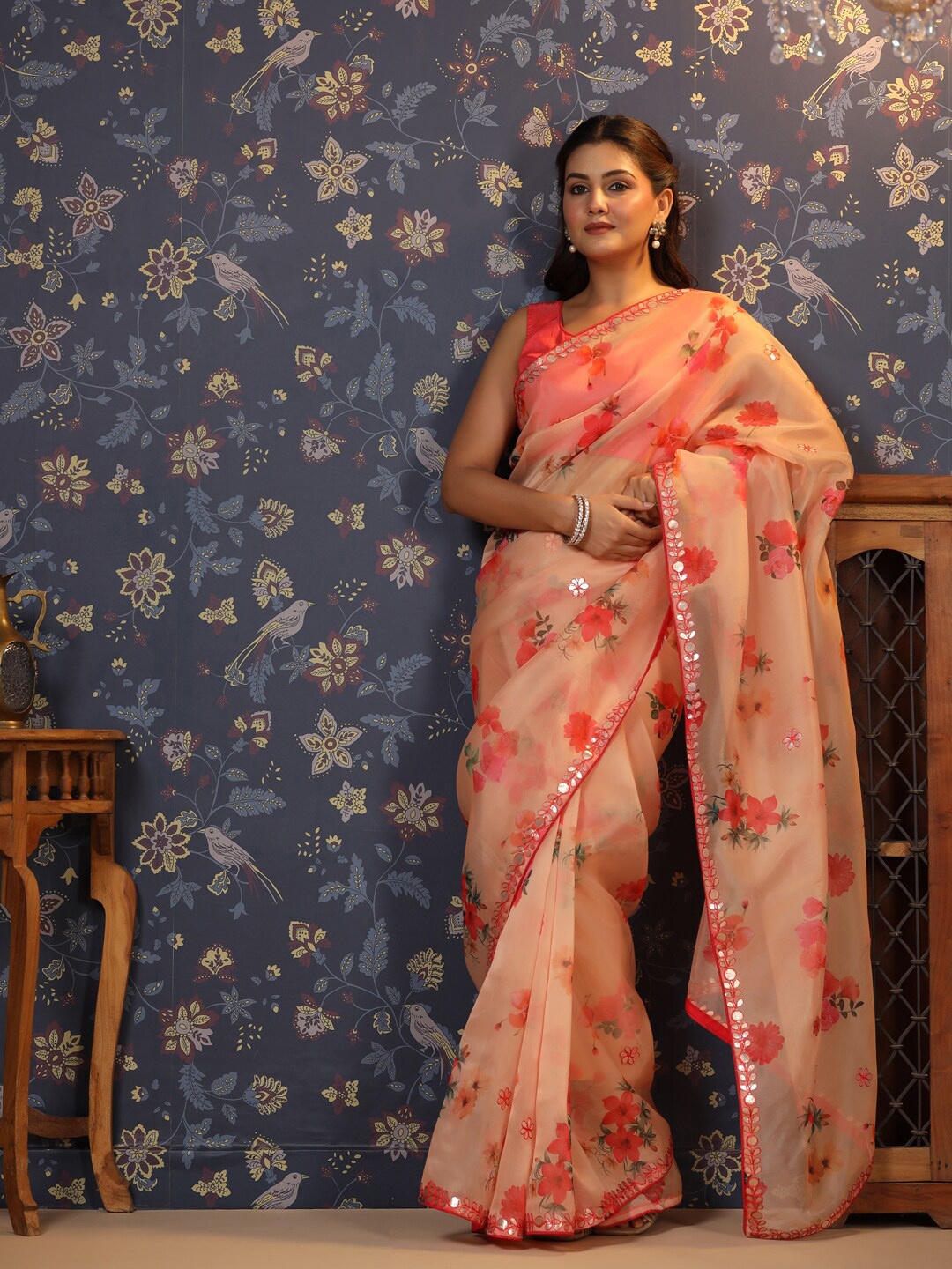 

House of Pataudi Floral Printed Organza Embellished Border Saree, Peach