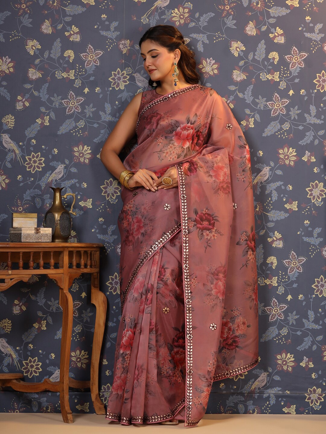 

House of Pataudi Floral Printed Organza Gota Patti Embroiderd Saree, Mauve