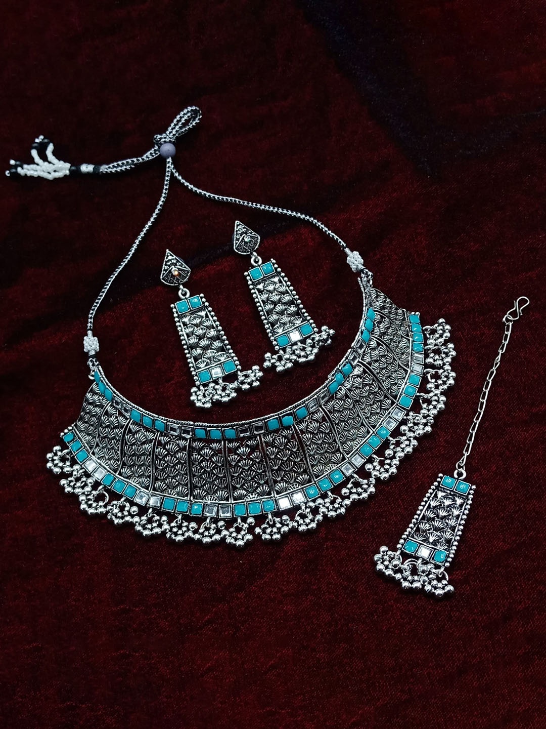 

AASHISH IMITATION Rhodium-Plated Kundan-Studded Necklace With Earrings And Maang Tika, Turquoise blue