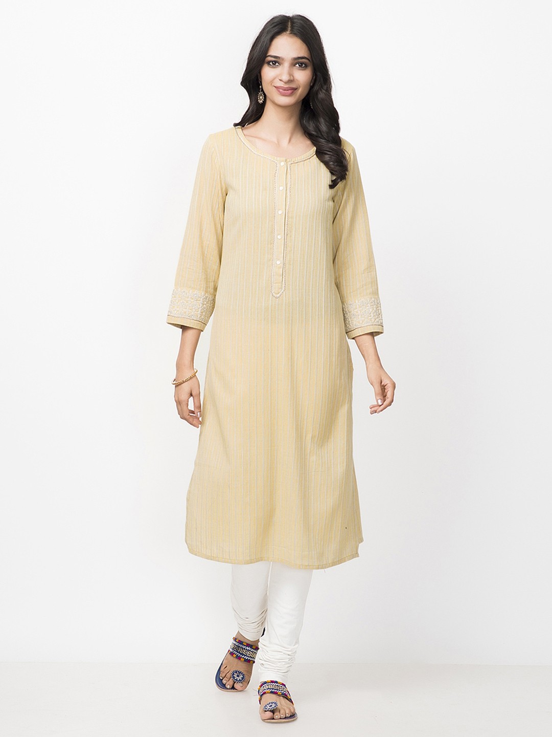 

Fabindia Women Yellow & Beige Striped Straight Kurta