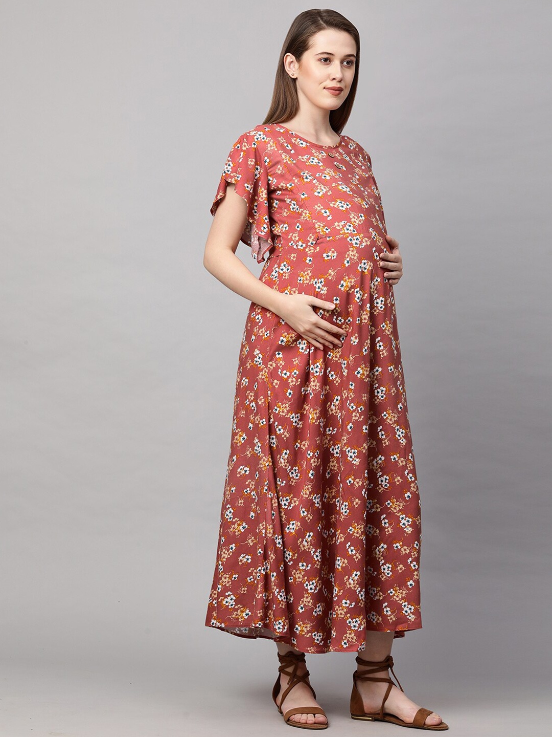 

MomToBe Floral Printed Flared Sleeves Maternity Maxi Dress, Orange
