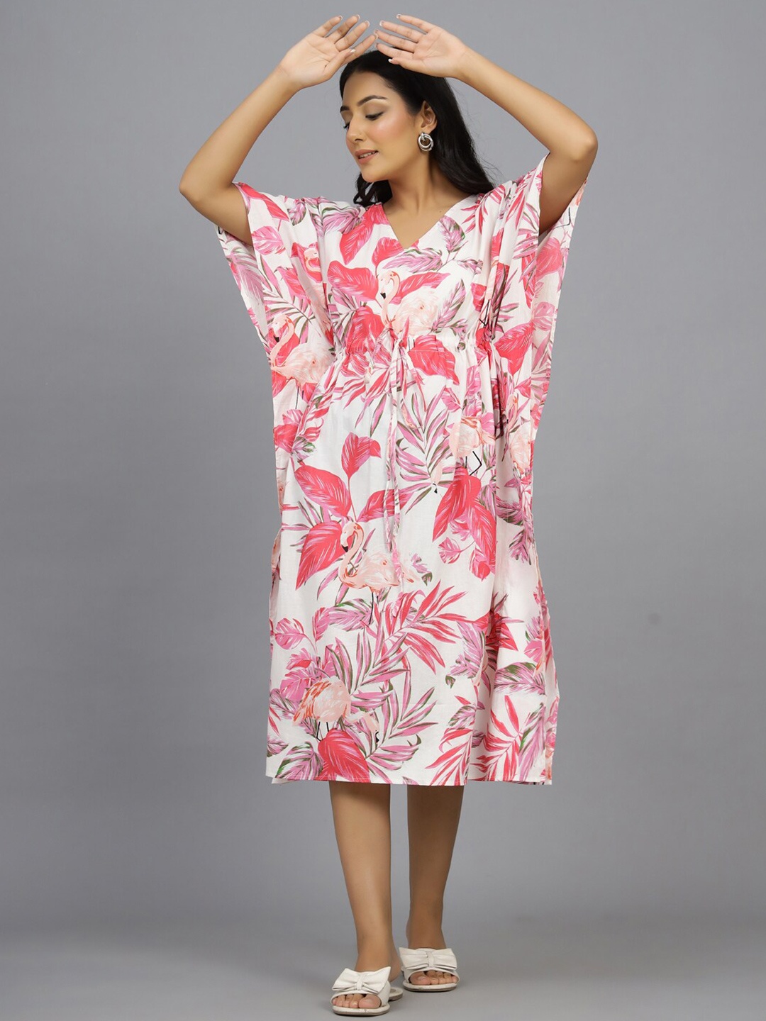 

HANDICRAFT PALACE Tropical Printed Cotton Kaftan Nightdress, Pink