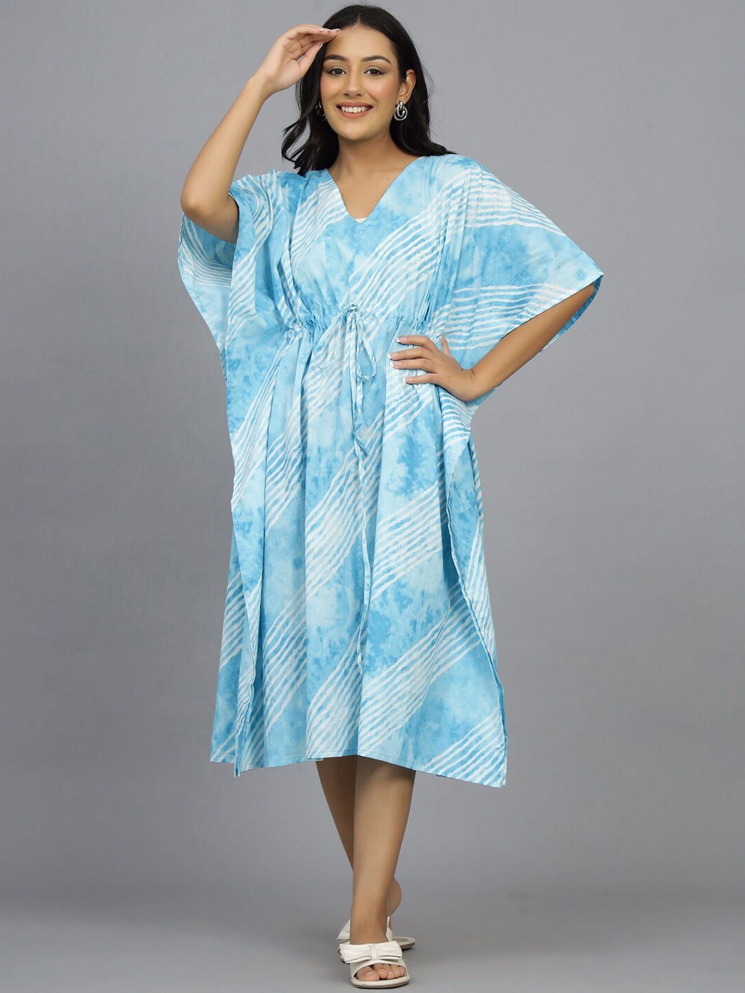 

HANDICRAFT PALACE Tie & Dyed Kaftan Nightdress, Turquoise blue