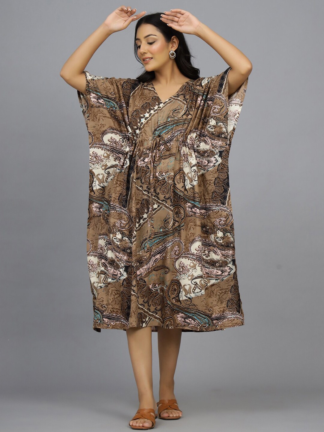 

HANDICRAFT PALACE Ethnic Motifs Printed Pure Cotton Kaftan Nightdress, Brown