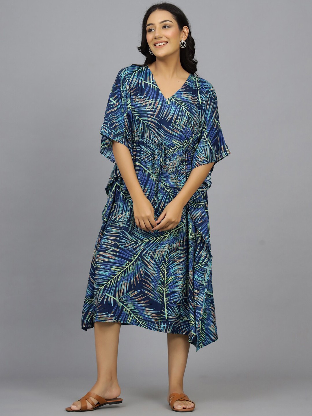 

HANDICRAFT PALACE Tropical Printed Pure Cotton Kaftan Nightdress, Blue
