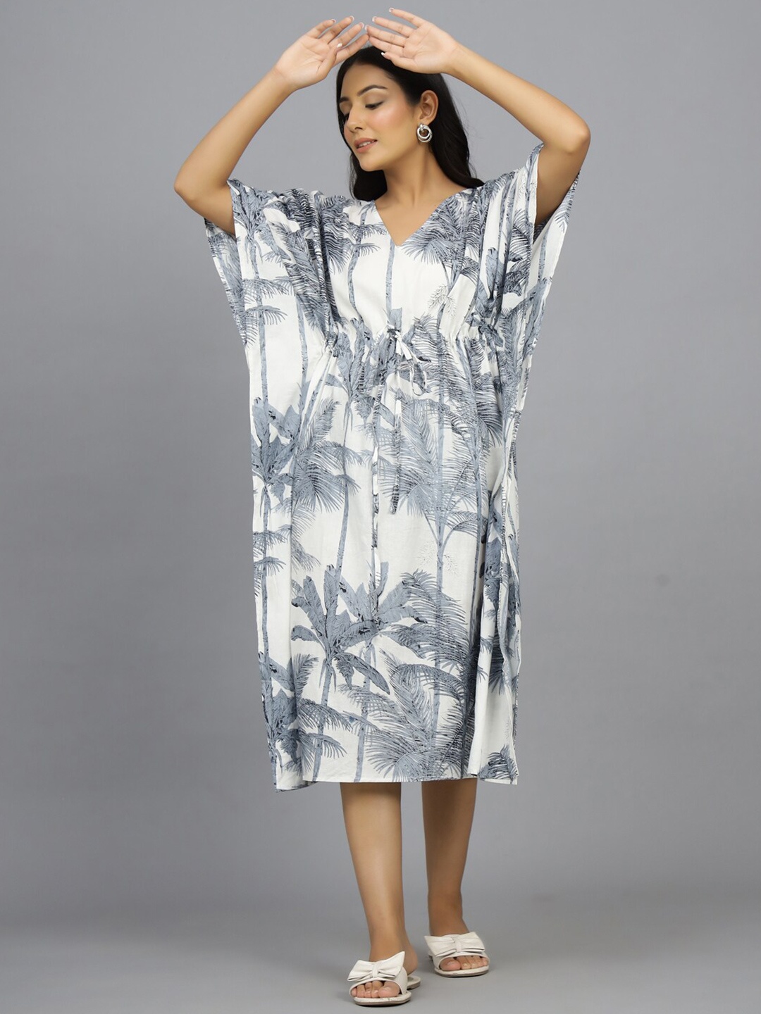 

HANDICRAFT PALACE Tropical Printed Pure Cotton Kaftan Nightdress, Grey