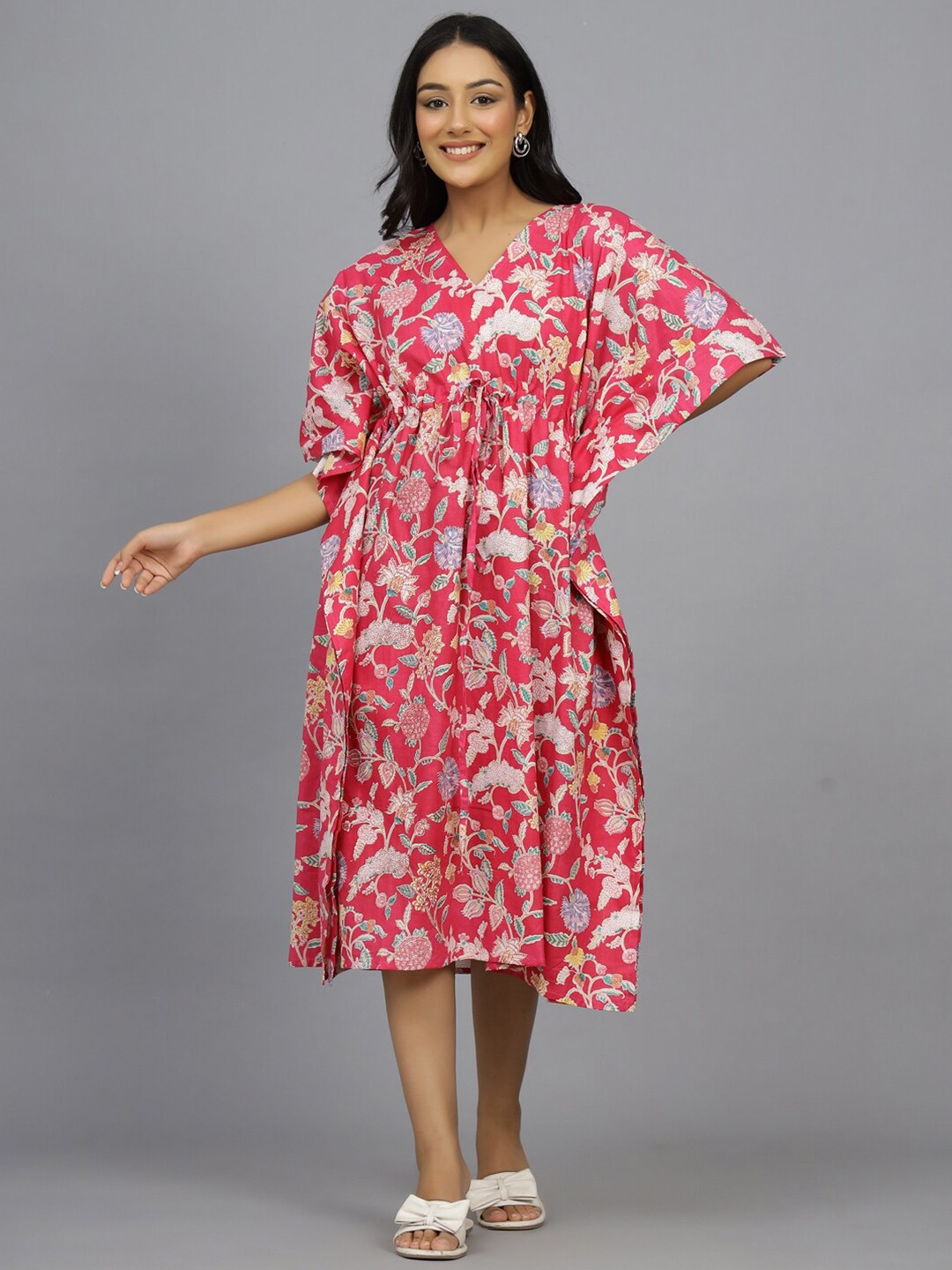 

HANDICRAFT PALACE Floral Printed Pure Cotton Kaftan Nightdress, Pink