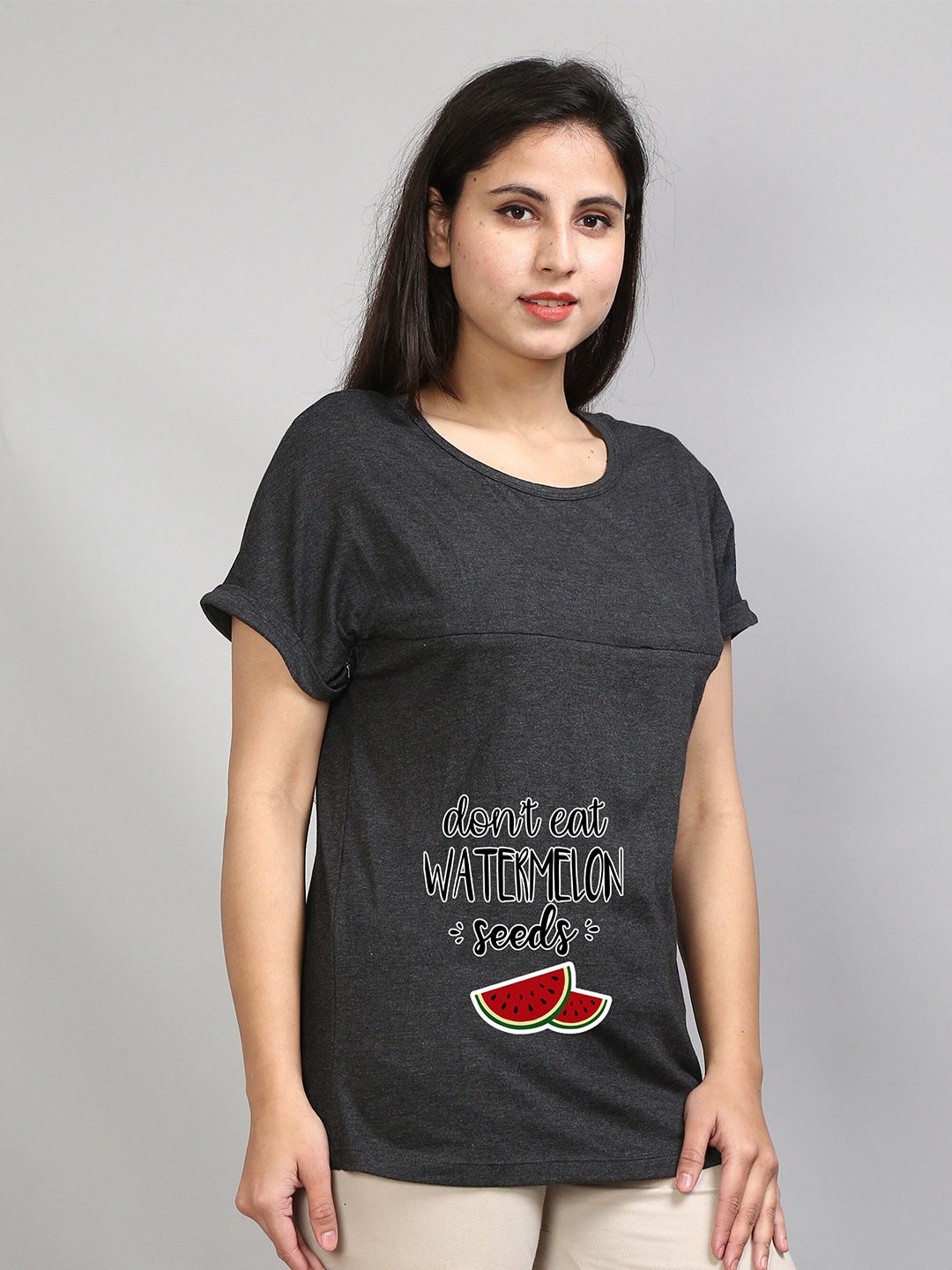 

SillyBoom Typographic Printed Extended Sleeves Cotton Lycra Maternity T-shirt, Charcoal