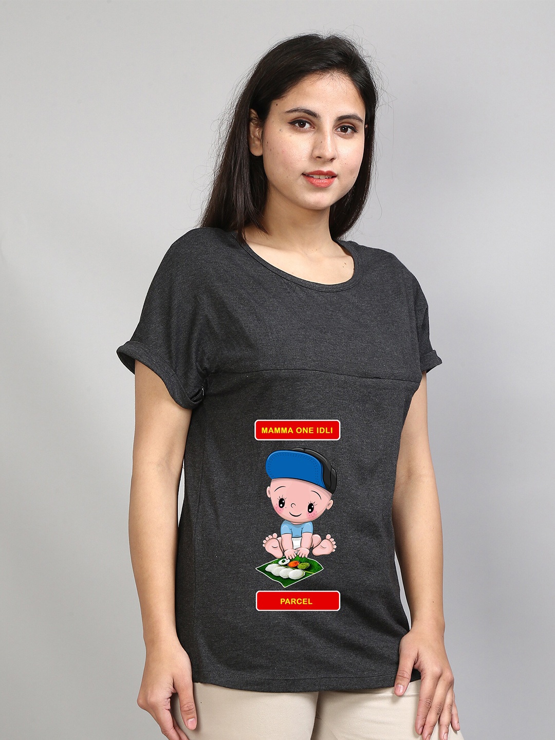 

SillyBoom Graphic Printed Extended Sleeves Cotton Lycra Maternity T-shirt, Charcoal