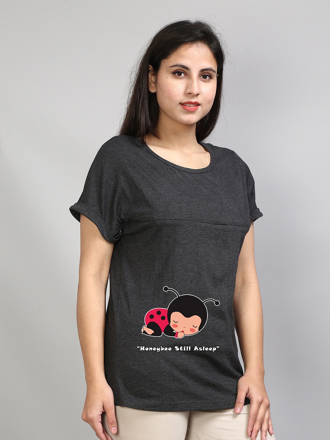 

SillyBoom Graphic Printed Extended Sleeves Cotton Lycra Maternity T-shirt, Charcoal